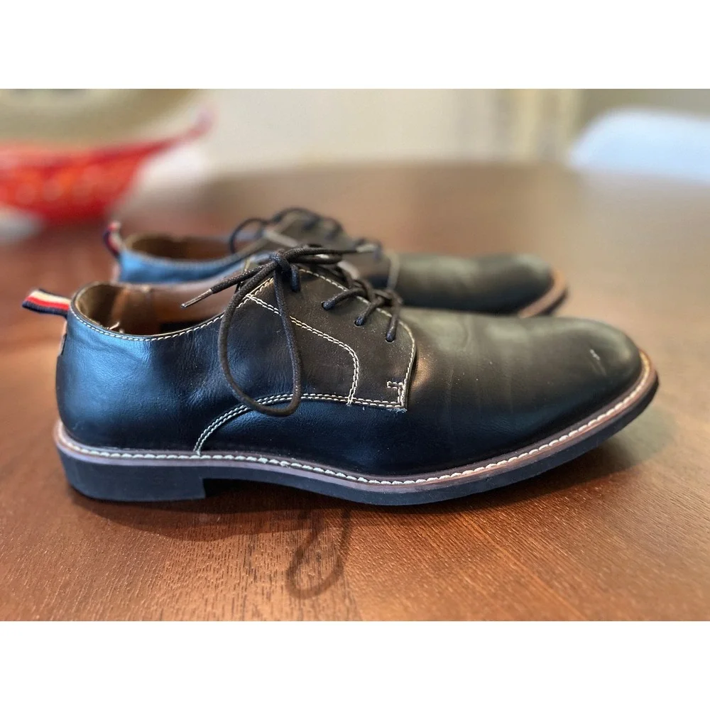 Tommy Hilfiger Dress Shoes Mens 10.5 Black Good Derby Oxford Contrast Stitch